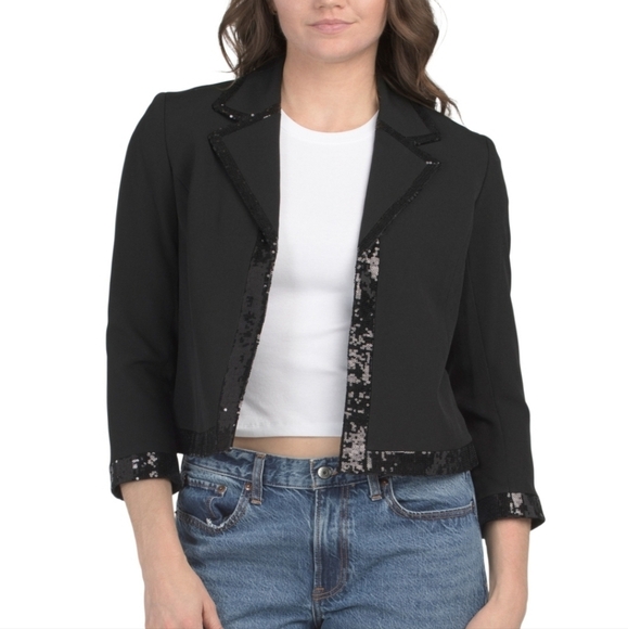🔹️KASPER🔹️ Notch collar Black Sequin Trim Women's Jacket - Picture 1 of 3
